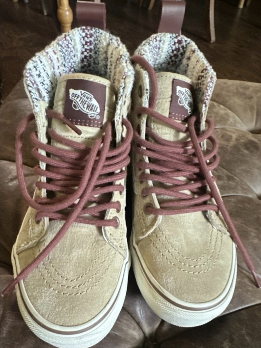 Vans Women's Sk8-HI MTE Suede Sneakers in Tan with Burgundy Laces